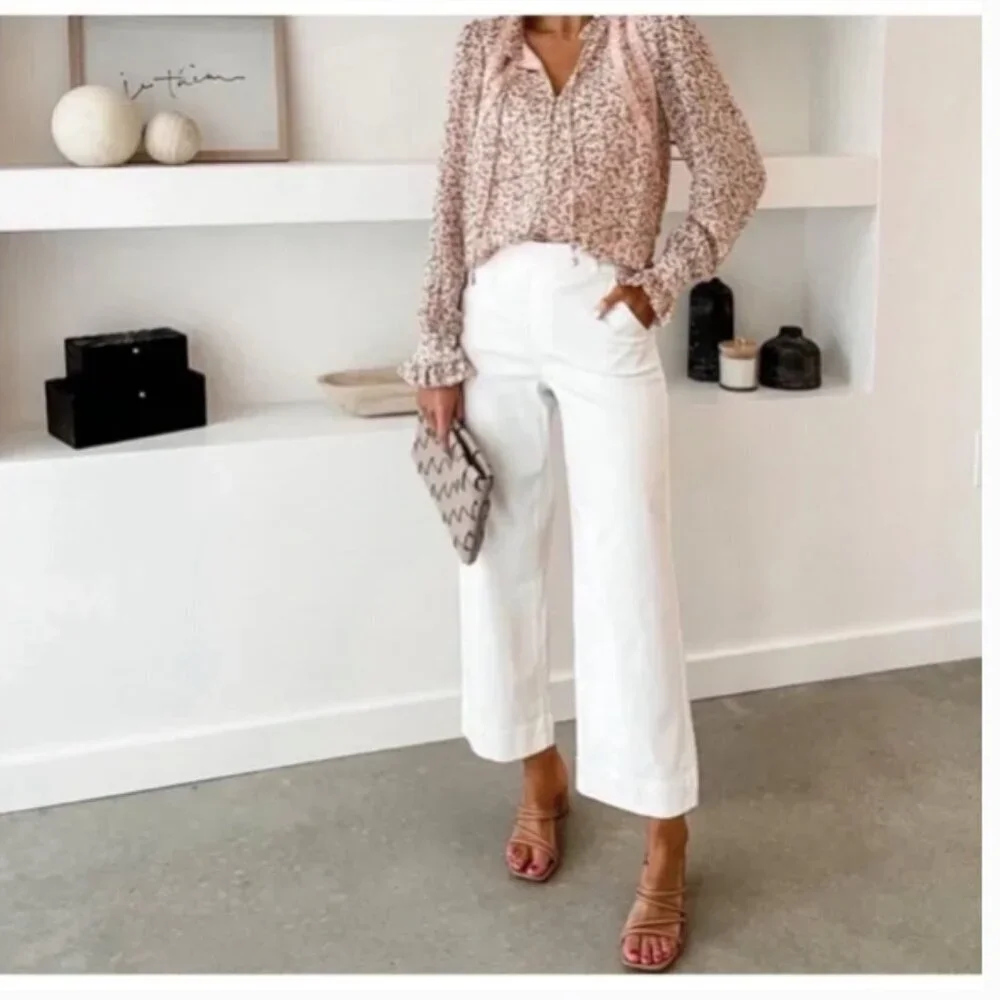 SPANX Stretch Twill Cropped Pant Wide Leg Parchment - Picture 8 of 13